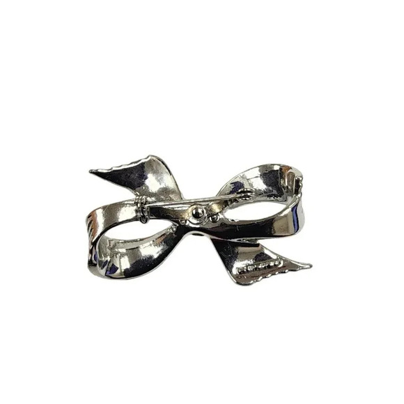 Vintage 60s-70s Blue Crystal Striped Bow Brooch Pin Silver Tone - Picture 2 of 2